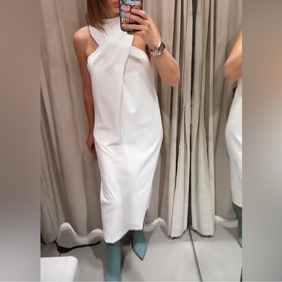 New Zara Knotted Front Detail Sleeveless White Midi Dress NWT Small - Picture 6 of 16
